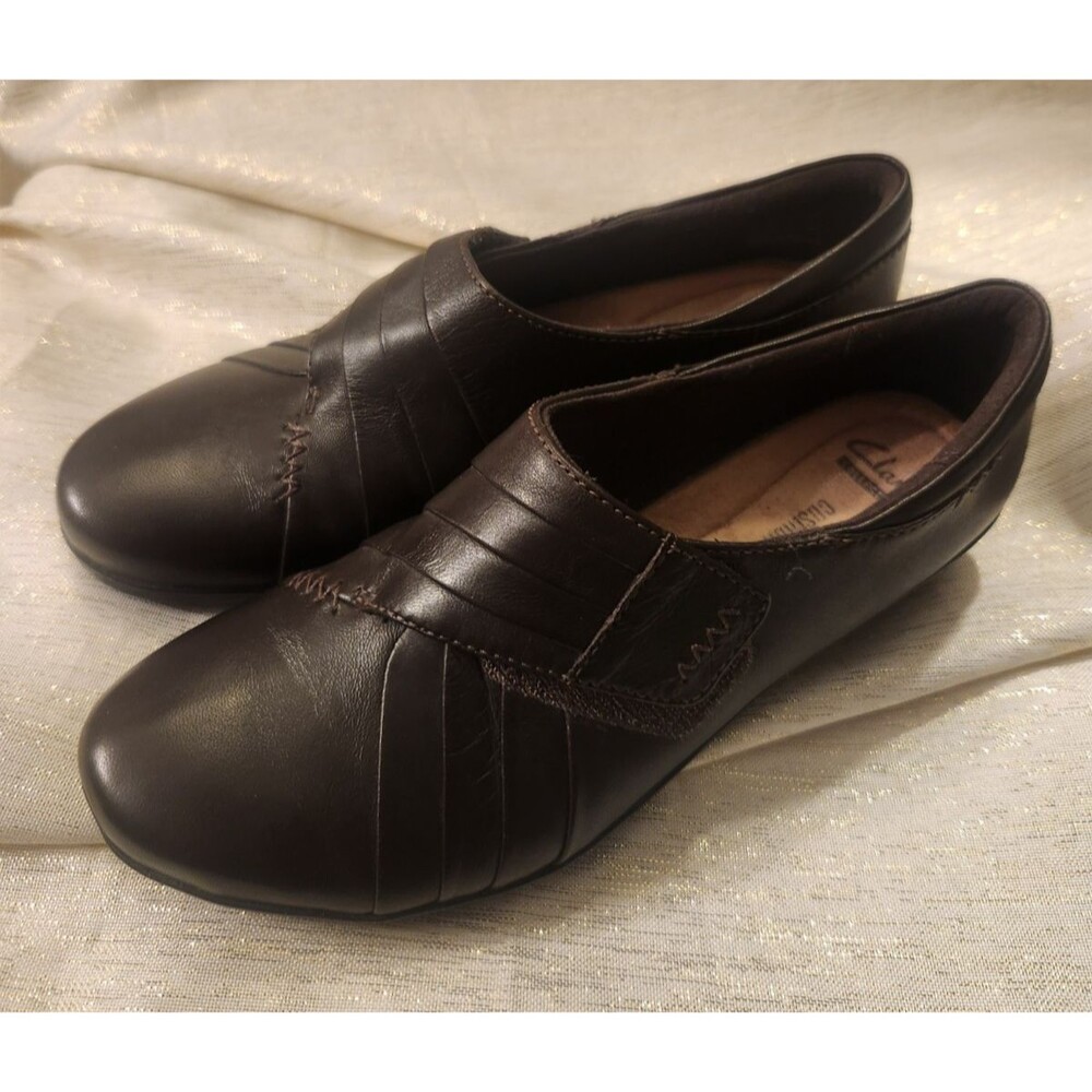 Clarks Loafer Slip On Shoes Wedge Brown Leather Hook & Loop Size 7.5